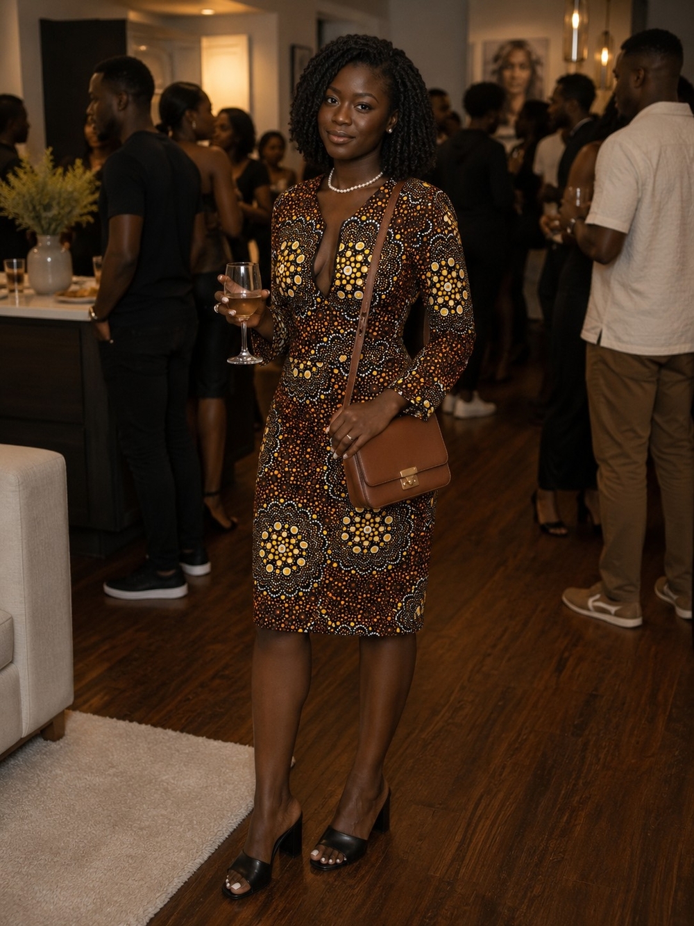 Elegant Brown Printed Ankara Sheath Dress with Long Sleeves
